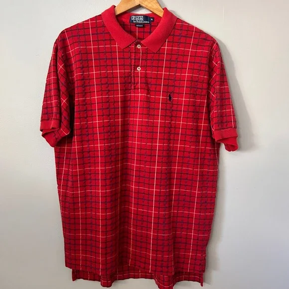 Polo Ralph Lauren Mens XL Red Plaid Short Sleeve Polo Shirt Vintage Made in USA - Picture 2 of 7